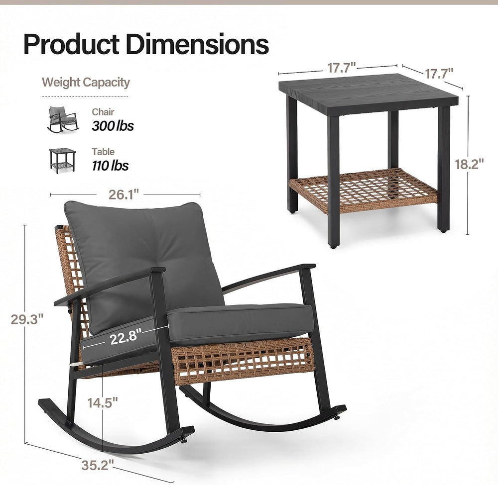 LAUSAINT HOME 3-Piece Rocking Bistro Set, Outdoor Patio Furniture with Thick ...