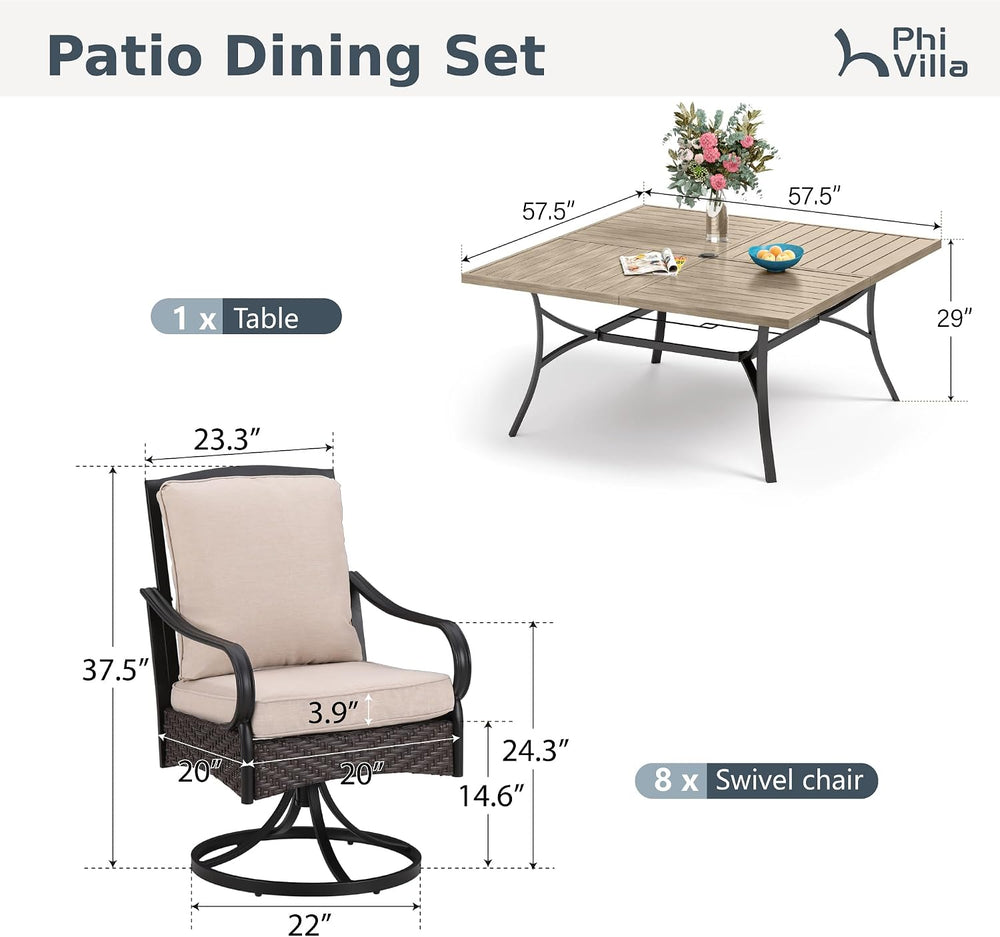 PHI VILLA 9pc Outdoor Dining Set, 57" Square Table, Rattan Chairs