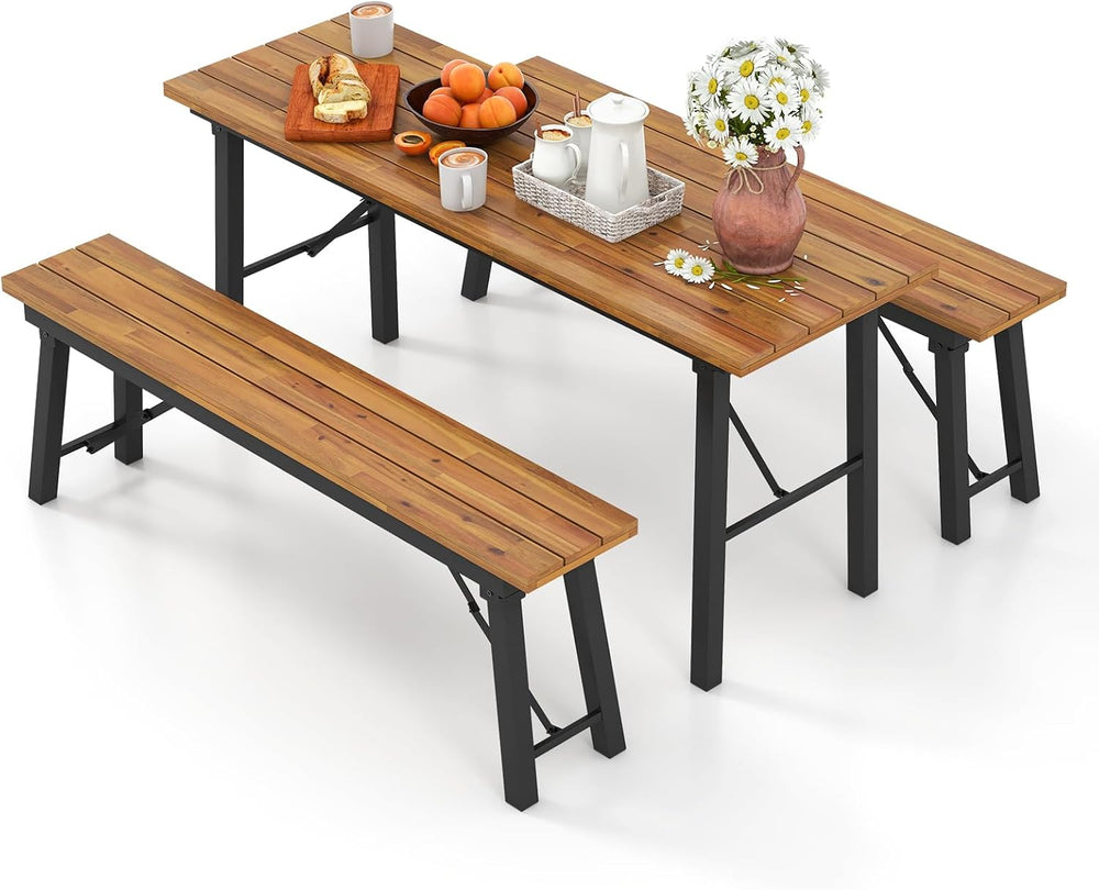 HAPPYGRILL Folding Picnic Table Bench Set, Acacia Wood Dining Table Bench w/M...