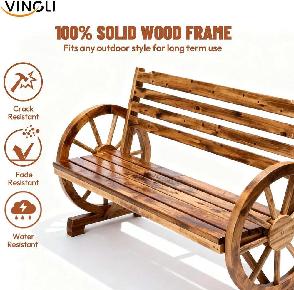 VINGLI Rustic Wooden Wheel Bench Outdoor Bench, Patio Bench Wagon Slatted Sea...