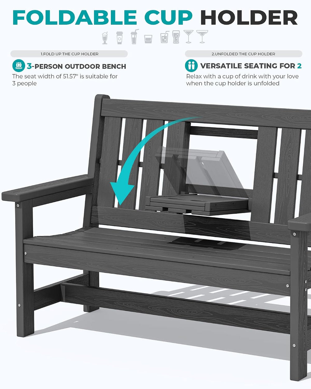 SERWALL HDPE Outdoor Bench with Cup Holder Oversized 58" Porch Bench, Grey