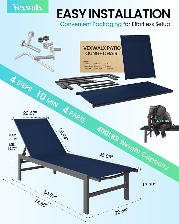 Outdoor Lounge Chair for Pool, Aluminum Chaise Lounge Chairs with 5-Position ...