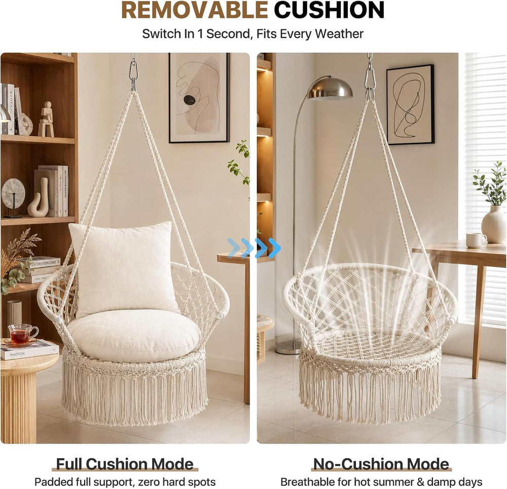 Athena Collection Macrame Hammock Chair with Mounting Hardware Kit, Beige