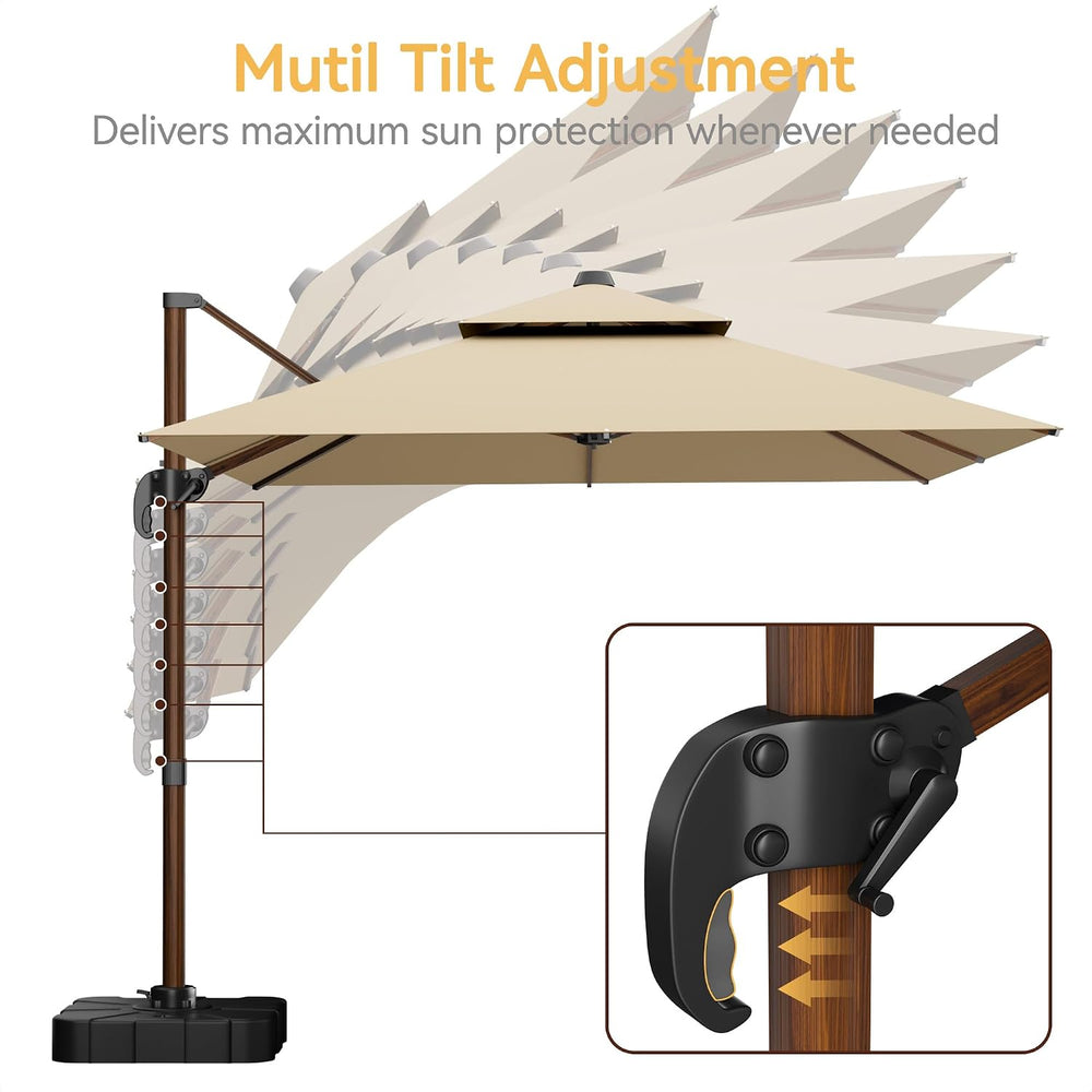 10x13' Wood Pattern Cantilever Patio Umbrella with Base, Beige