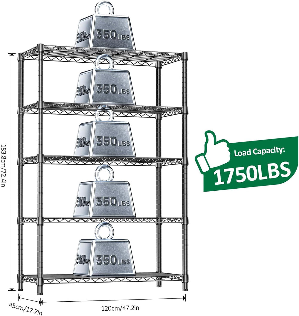 5-Tier Heavy Duty Metal Storage Shelving Unit, Adjustable Steel Wire Rack She...