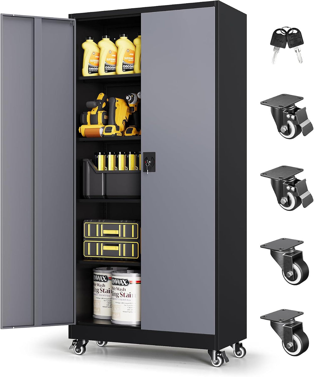 Metal Garage Storage Cabinet with Locking Doors and Adjustable Shelves, Wide ...