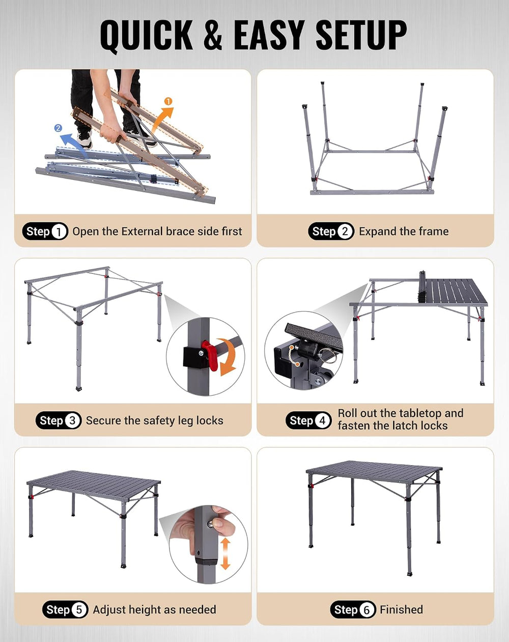 KingCamp 265lbs Adjustable Camping Table Foldable, Aluminum Camp Table