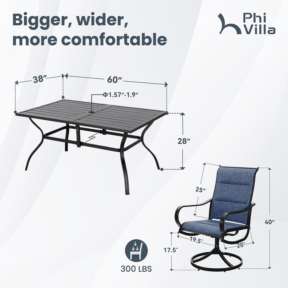 PHI VILLA Patio Dining Set for 6, Metal Table & Swivel Padded Chairs, Blue