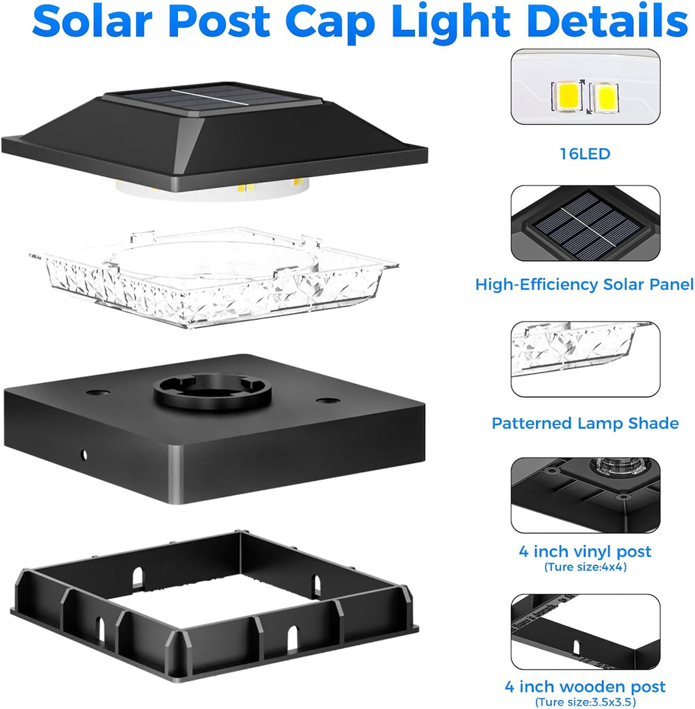 Peasur 4x4 Solar Post Cap Lights 10 Pack,2 Modes Post Lights Solar Powered