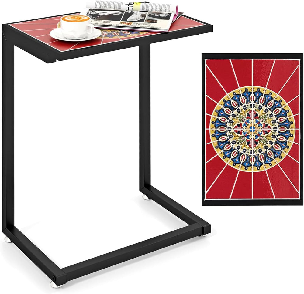 GIANTEX Mosaic C-Shaped Outdoor Side Table with Sturdy Metal Frame and Adjust...