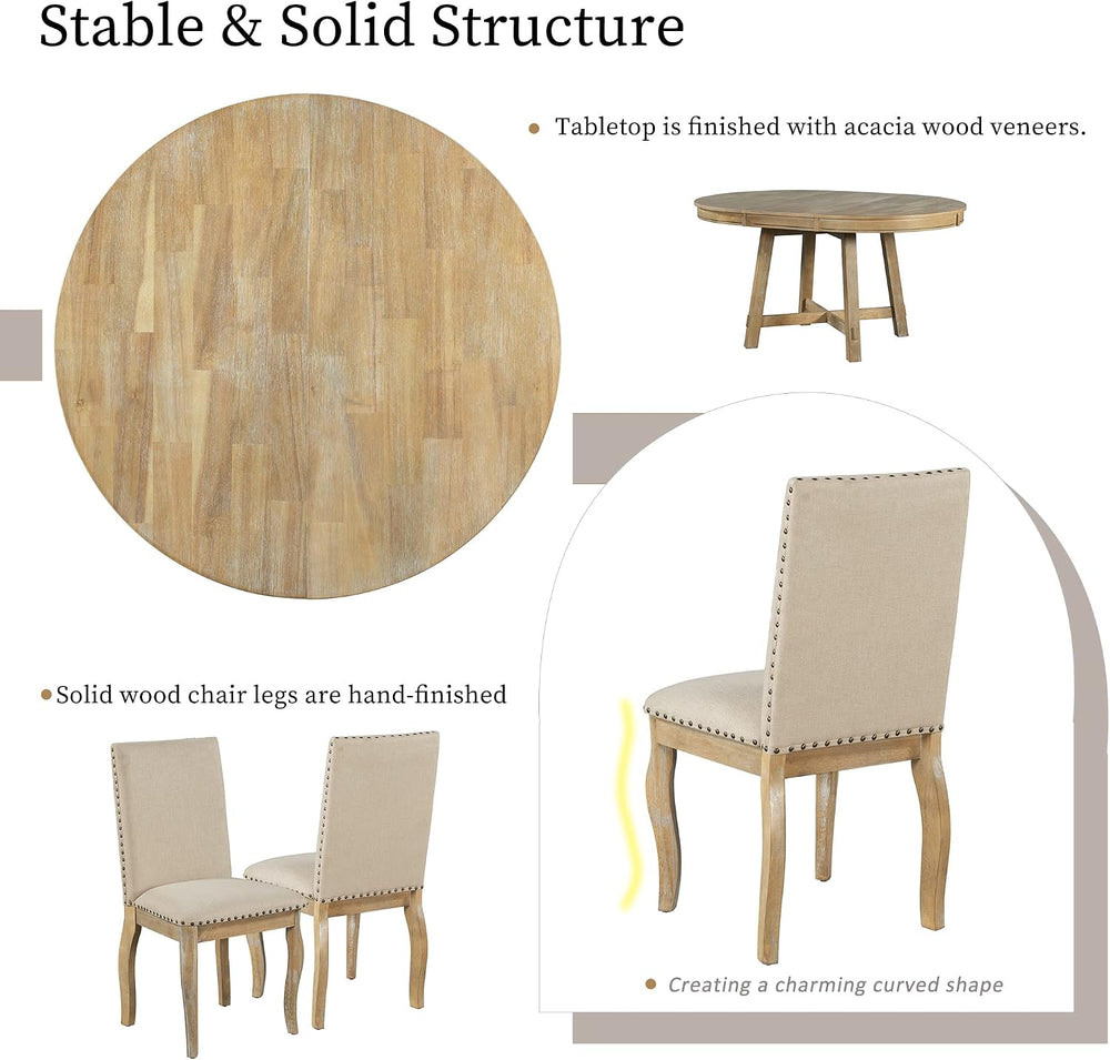 P PURLOVE 5-Piece Round Dining Table Set, Wood Farmhouse Round Extendable Din...
