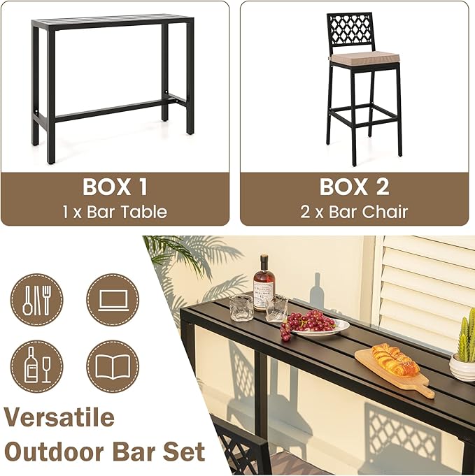 COSTWAY 3 Piece Outdoor Bar Table and Chairs Set, 48" Pub Height Bar Tab...