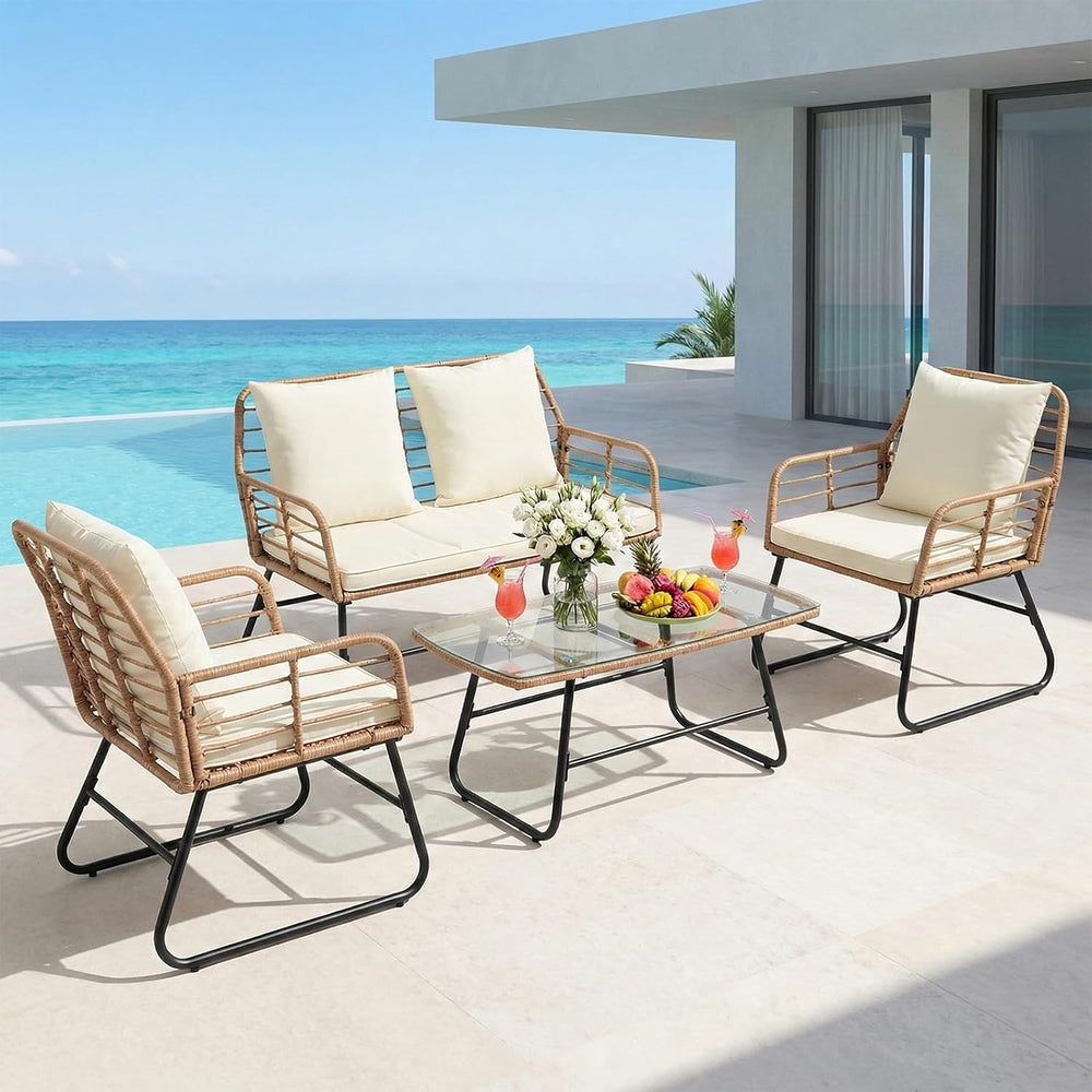 DUMOS Outdoor 4 Piece Outdoor Patio Furniture Set, Wicker Patio Set