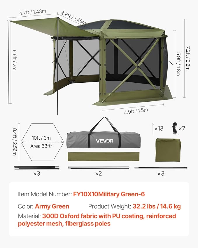 VEVOR Pop up Gazebo Screen Tent, 10 x 10 ft Large 6-Sided Camping Canopy Tent...