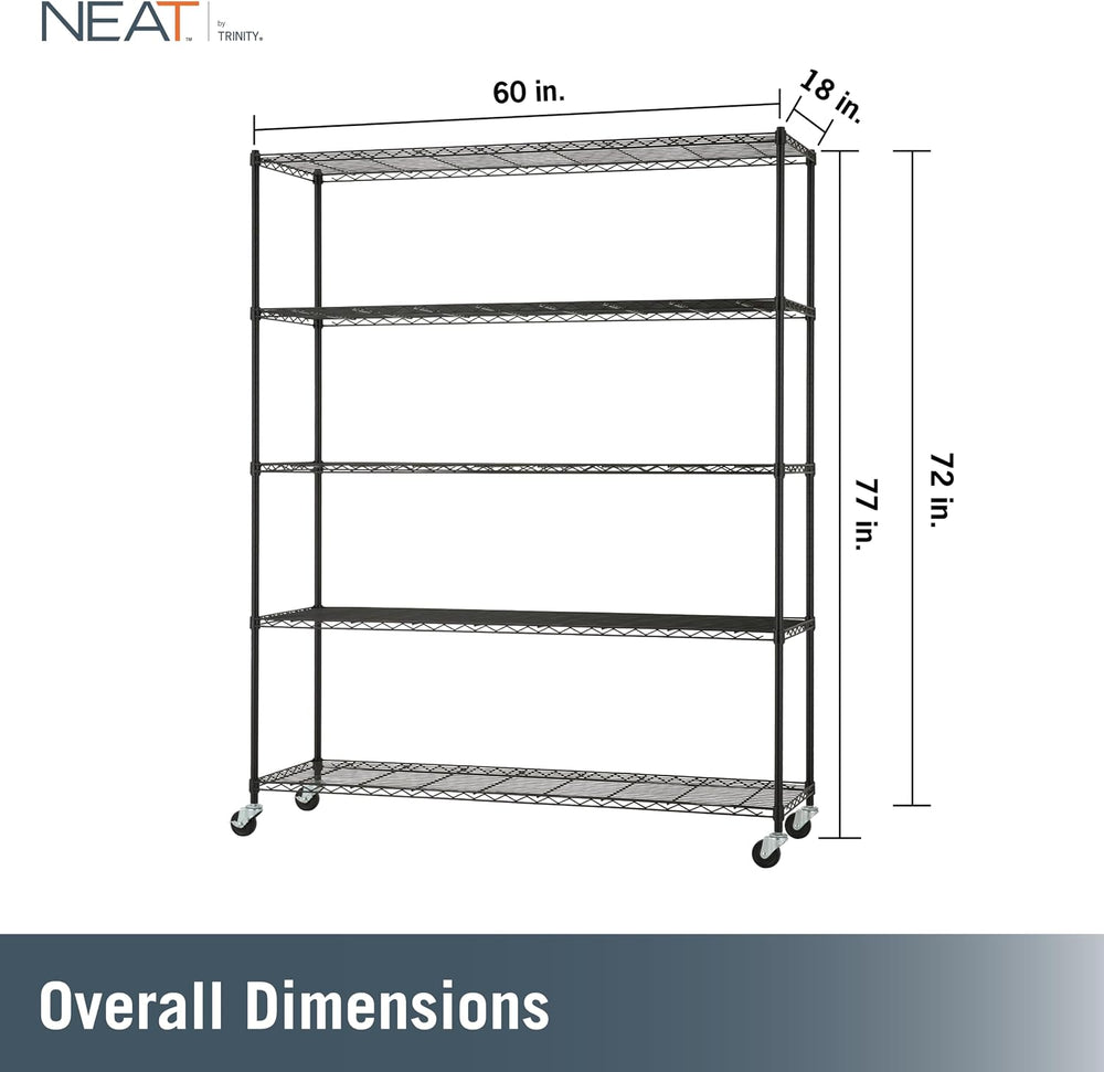 5-Tier Adjustable Wire Shelving Rack w/Wheels, Black, NSF