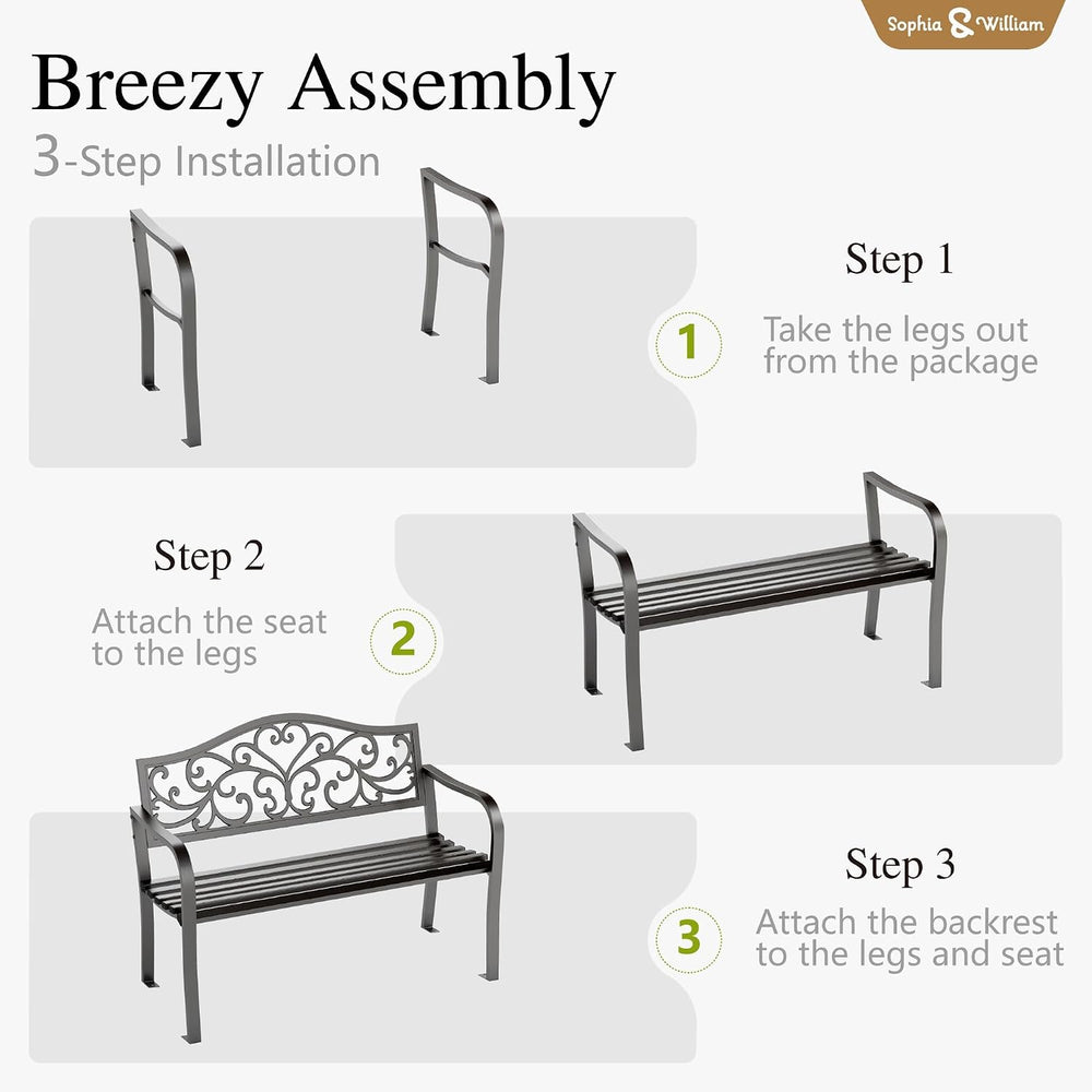 Sophia & William 43 Inches Outdoor Bench, Metal Garden Bench, Floral Black