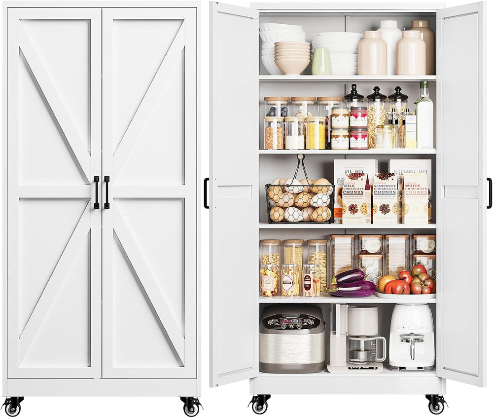 Yizosh 75" White Metal Pantry Cabinets,Garage Storage Cabinet with Wheels