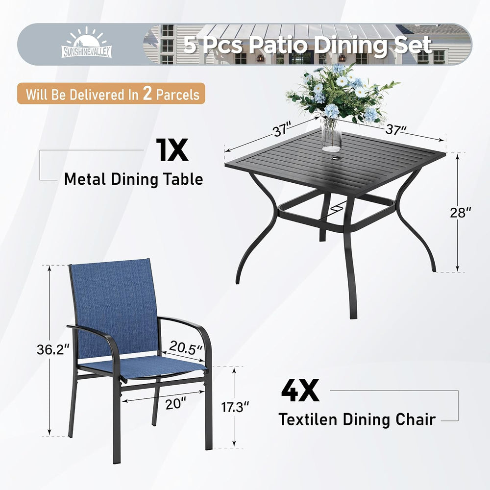 SUNSHINE VALLEY 5pc Patio Dining Set, 37" Square Table & 4 Blue Chairs