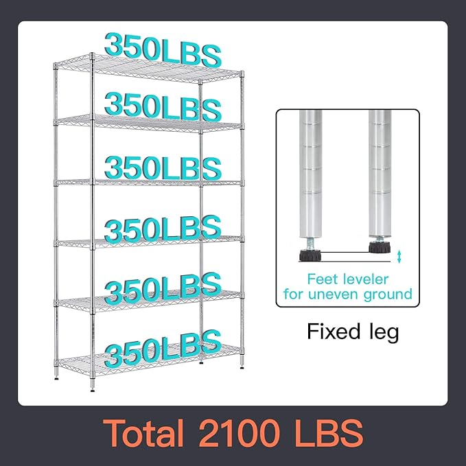 BestOffice | 6-Tier Wire Storage Shelves with Wheels | 18x48x82 | Chrome | Ad...