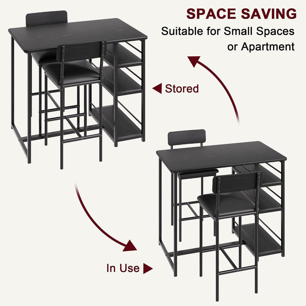 Bar Table and Chair Set with 3 Shelves, 2 Upholstered Stools, Black