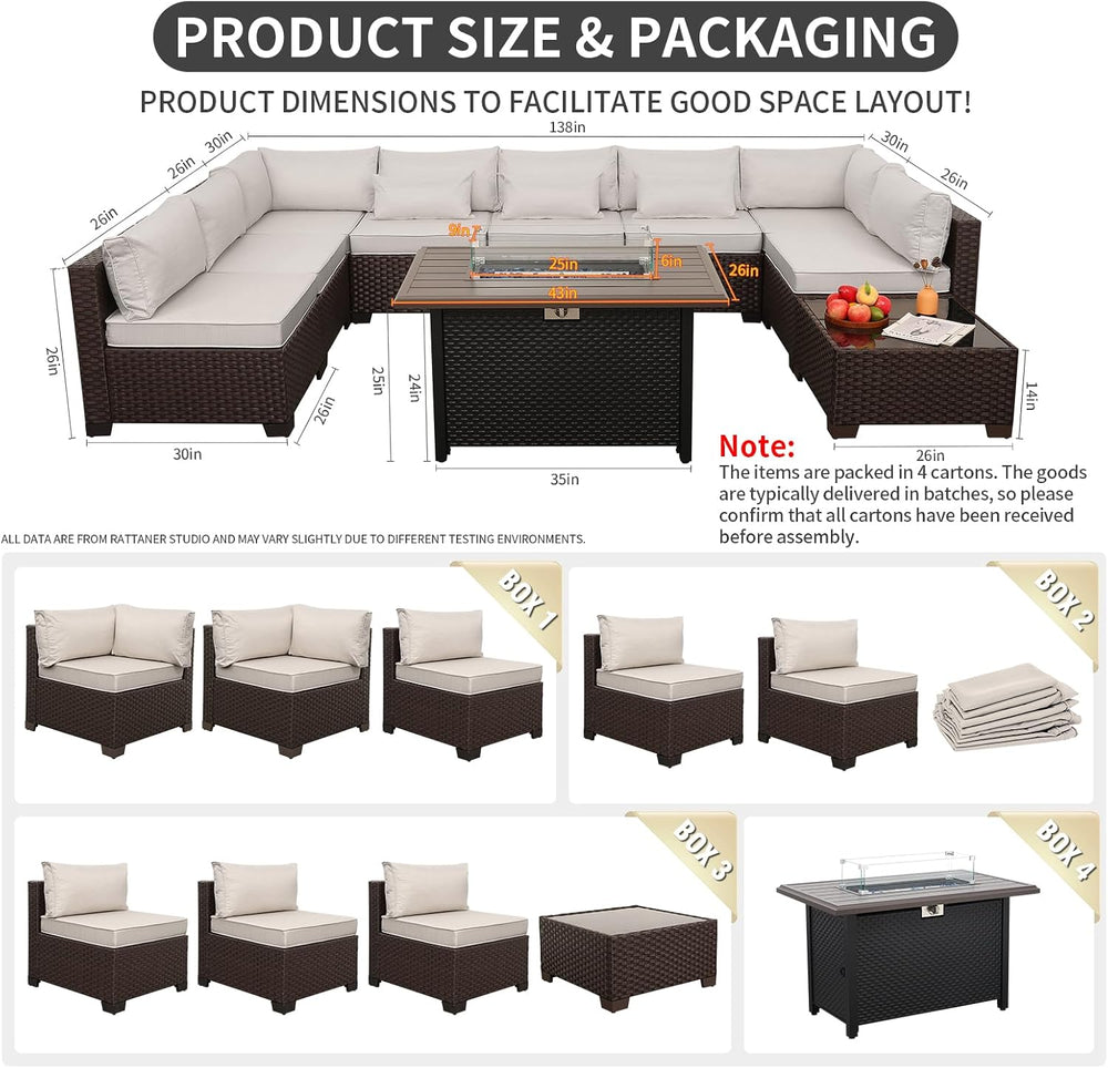 Rattaner 10 Pieces Outdoor Sectional All-Weather Wicker Patio Furniture Set P...