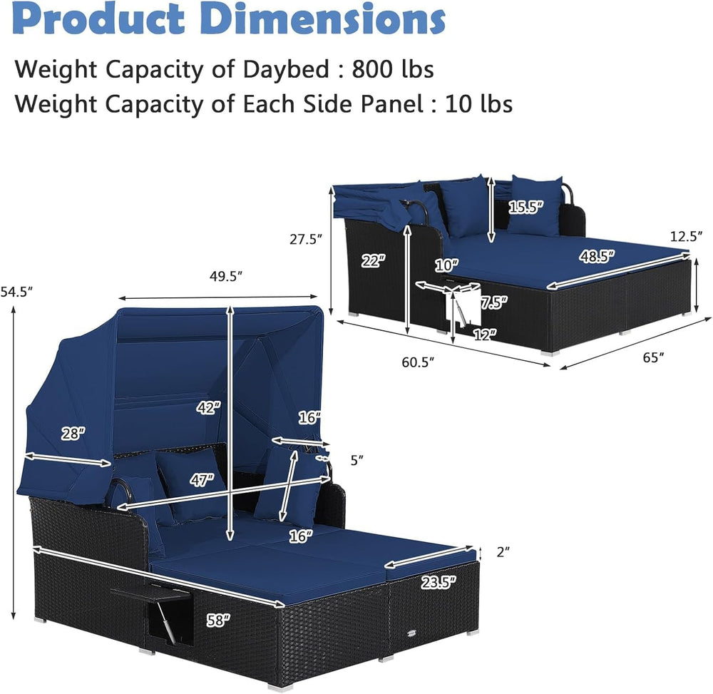 Tangkula Patio Rattan Daybed with Retractable Canopy, Outdoor Wicker Sunbed L...