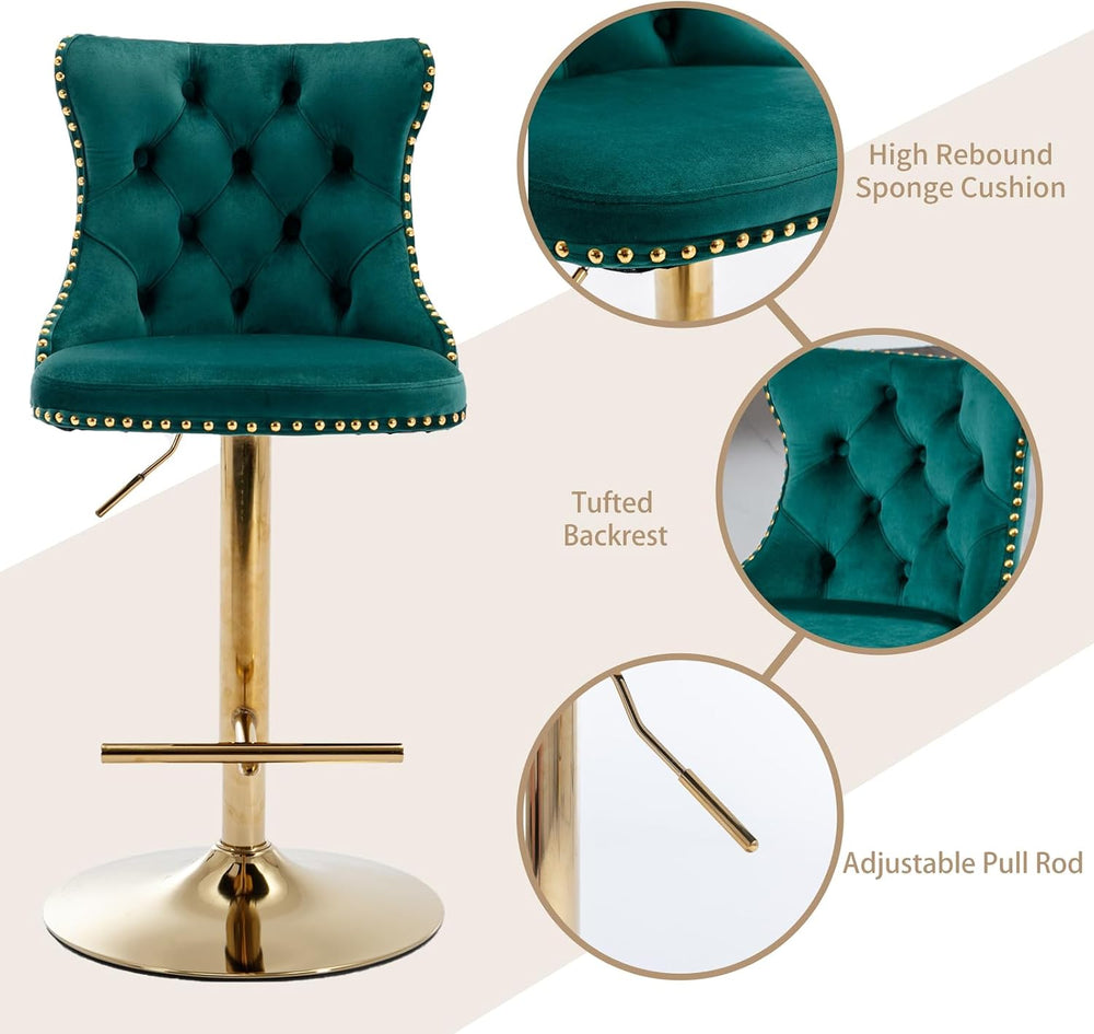 Green Velvet Bar Stools Set of 4, Upholstered Bar Chairs, Gold Bas
