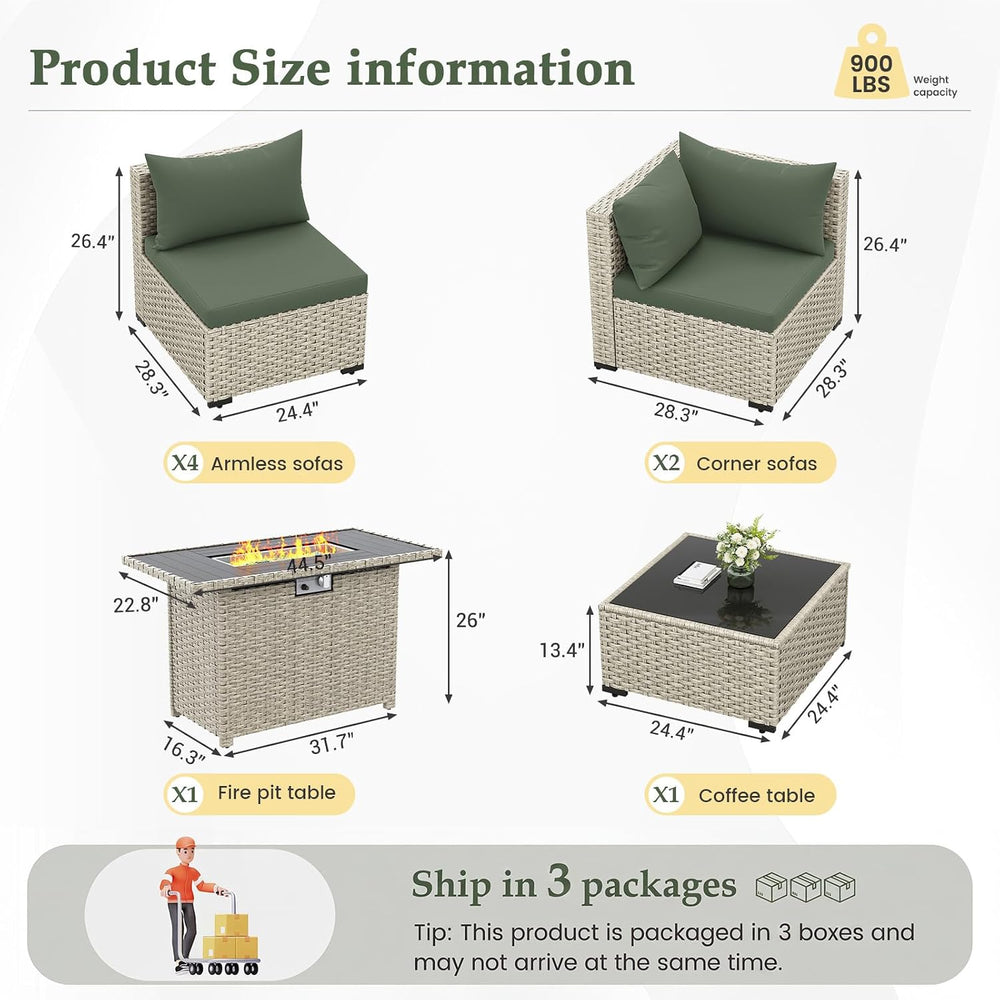 Outdoor Patio Furniture Set with Fire Pit 8 Pcs Wicker Sectional Sofa Green