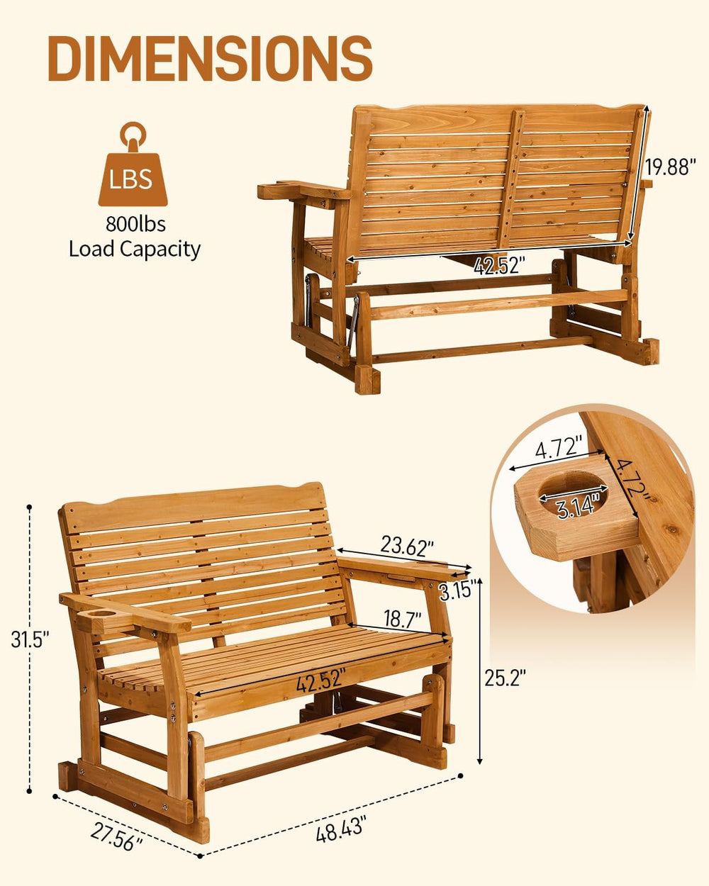 Patio Glider with Cup Holders, Wooden Outdoor Glider Bench with High Roll Bac...