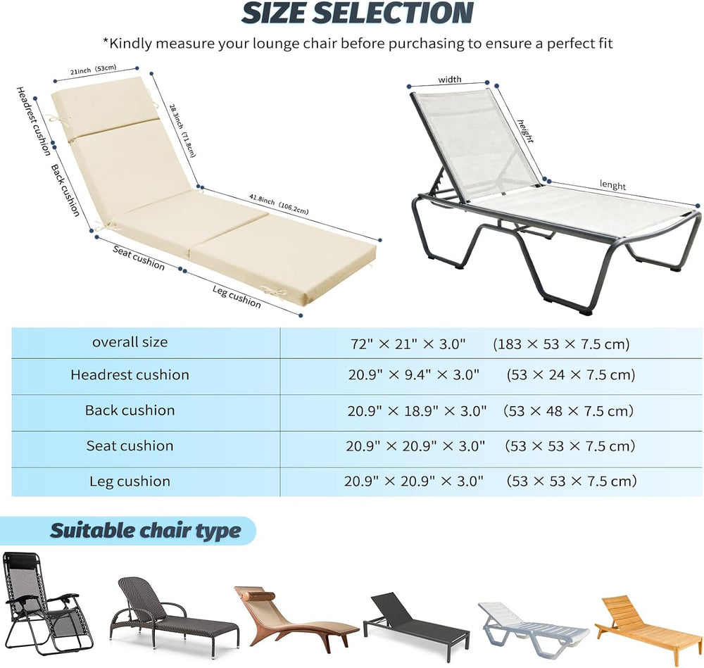 2 Pack Beige Outdoor Chaise Lounge Cushions, 72x21x3 in