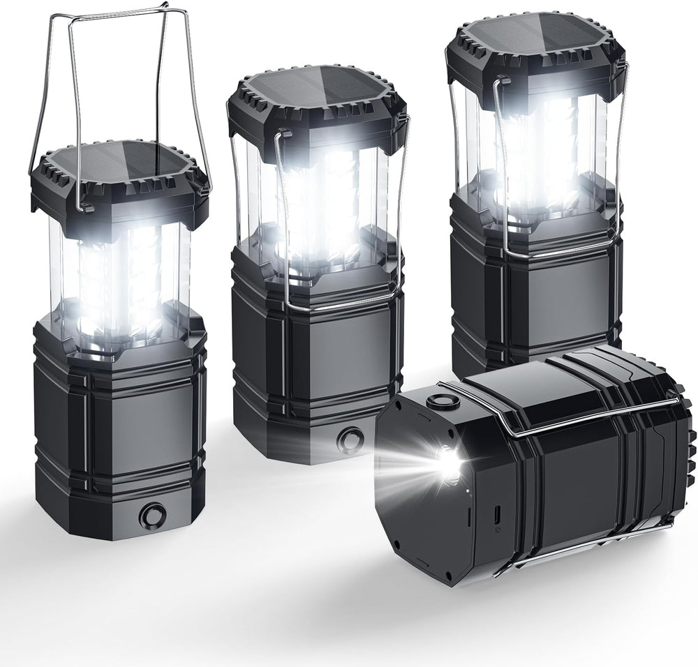 Solar Camping Lantern 4 Pack, Rechargeable LED Lantern with Flashlight