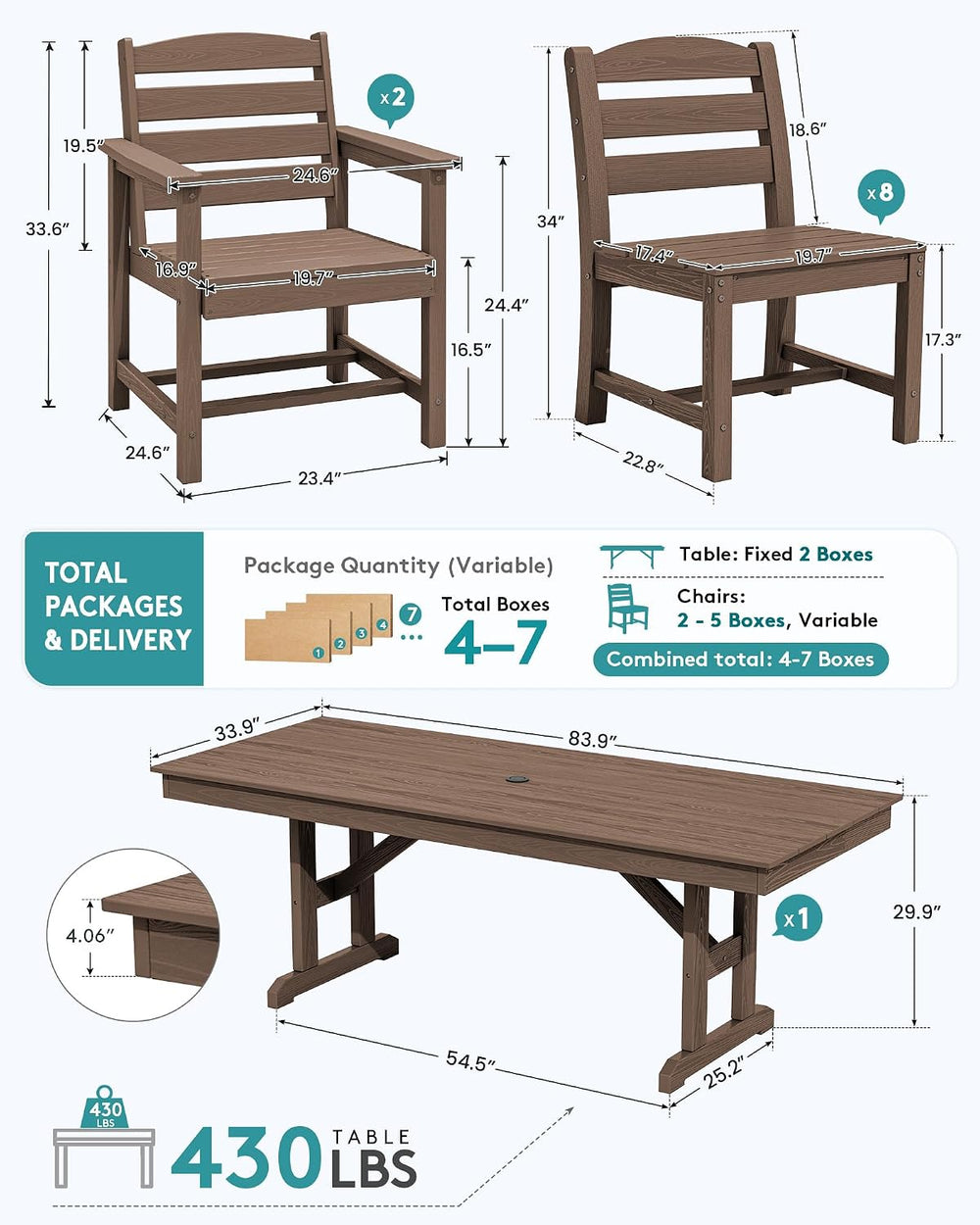 SERWALL 9Pcs HDPE Outdoor Dining Set w/6 Armless, 2 Armchairs for 8,Brown
