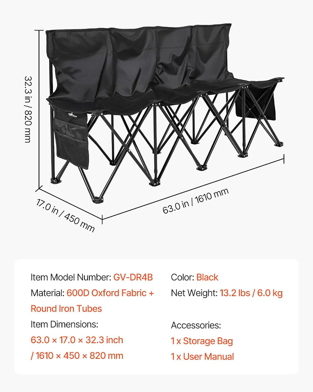 VEVOR Portable Folding Bench, 4 Seat Foldable Soccer Bench with Side Pockets ...