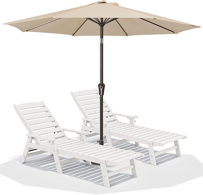 SERWALL Patio Chaise Lounge Chair Set of 2 with 9FT Patio Umbrella, 78'&#...
