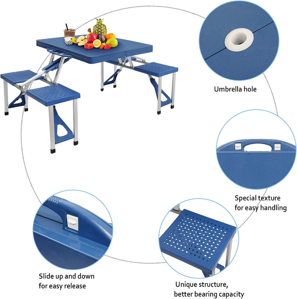 4FT Portable Folding Camping Picnic Table with Seats Chairs and Umbrella Hole...