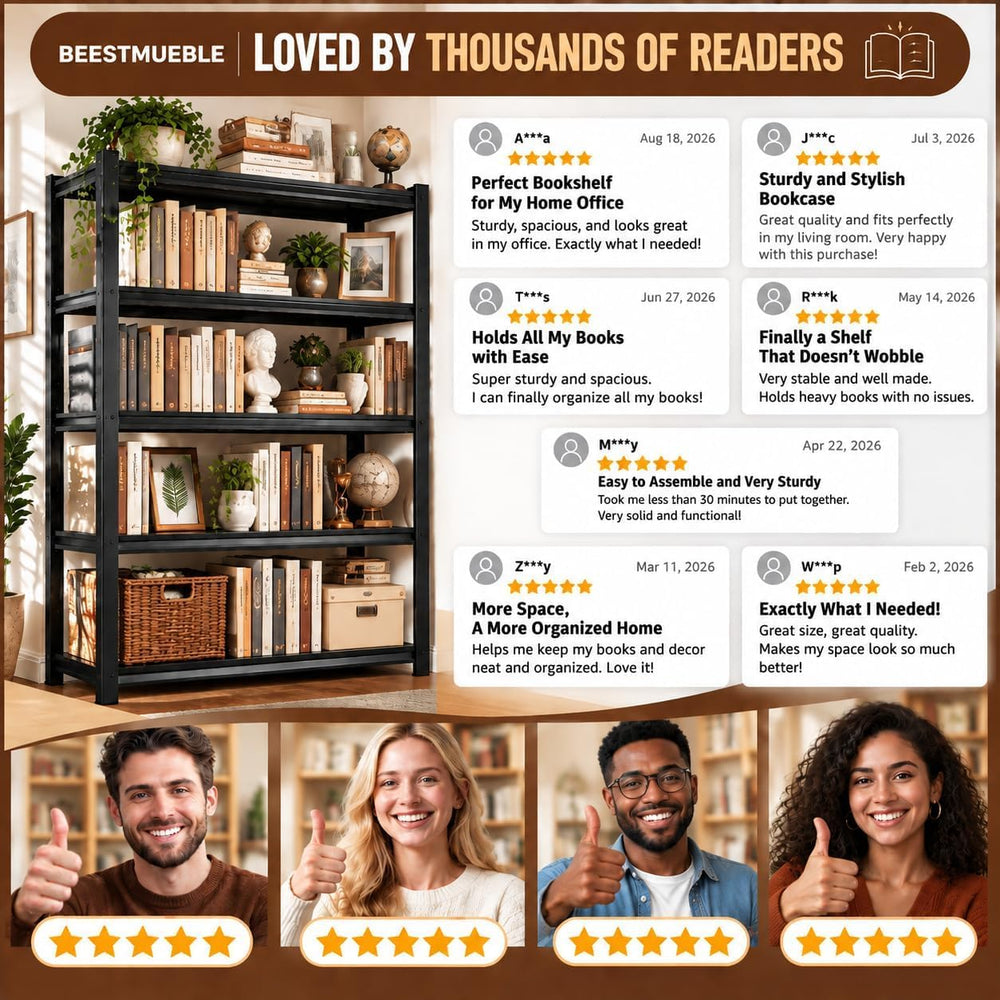 Metal Book Shelf, Adjustable Tall Bookcase No-Assembly-Required BookShelves