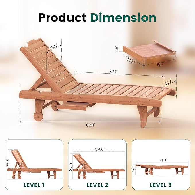 Wooden Chaise Lounge Chair, 3-Position Adjustable Outdoor Tanning Chair with ...
