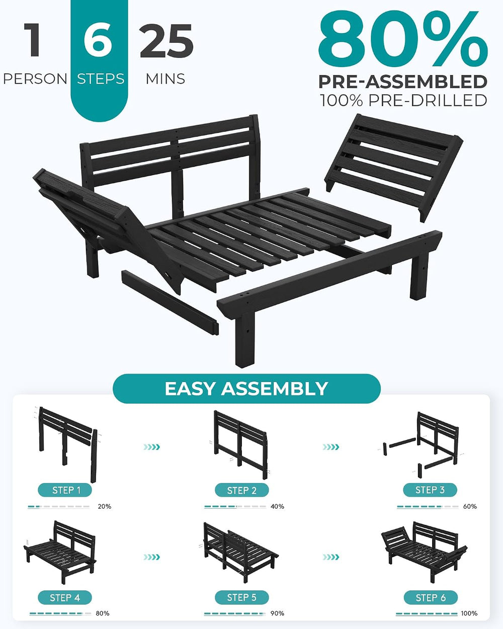 SERWALL HDPE Convertible Patio Couch Sofa Bed with Adjustable Armrests, Outdo...