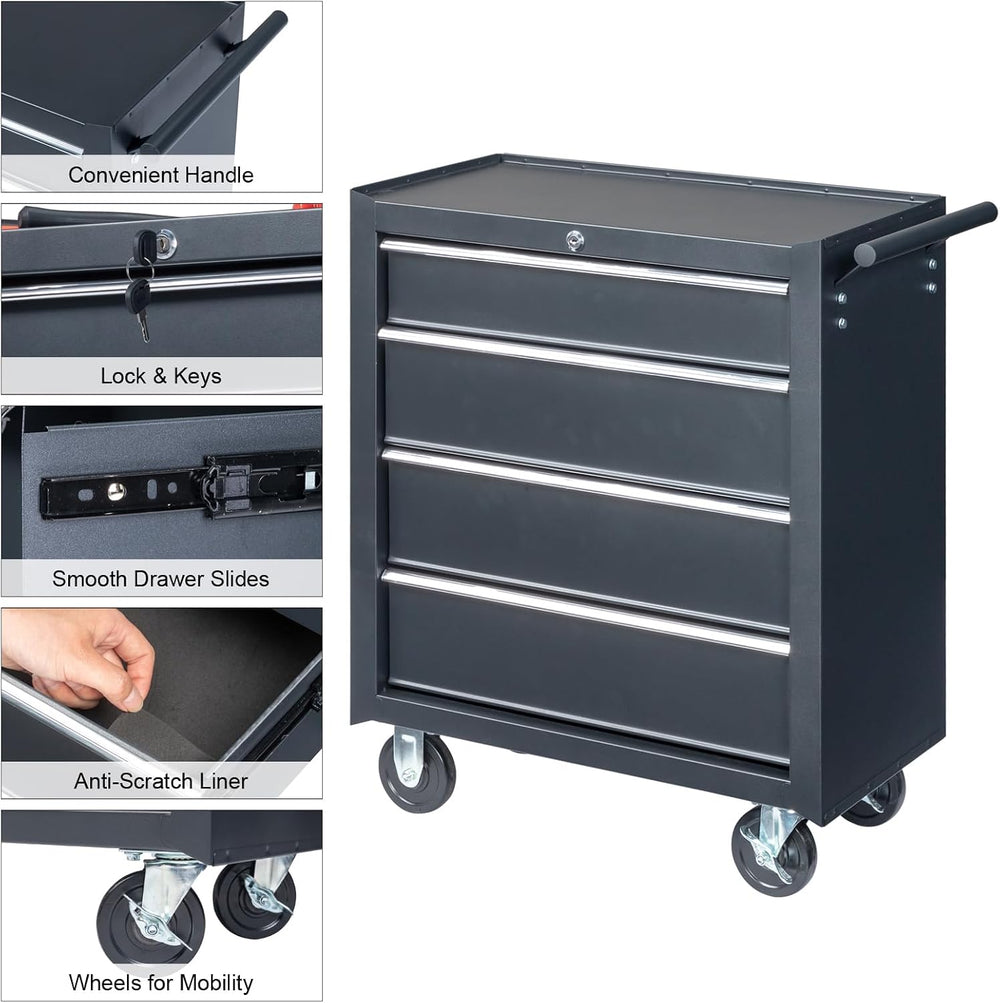 4 Drawer Rolling Tool Cabinet, Lockable Steel Tool Chest, Black