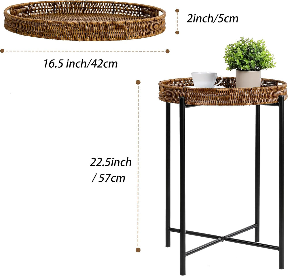 DINGTAI Small Wicker Round End Table, 16.5 in Rattan End Tables with Removabl...