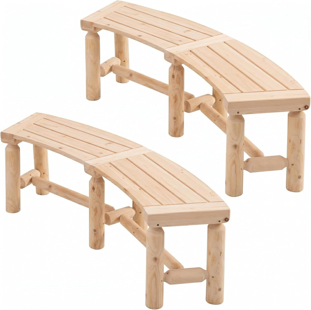 2-Pack Outdoor Curved Backless Porch Bench, Wood Fire Pit Bench, Natural