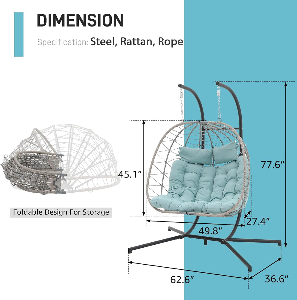 Patiorama 2 Person Double Egg Swing Chair with Stand, Wicker, Light Blue