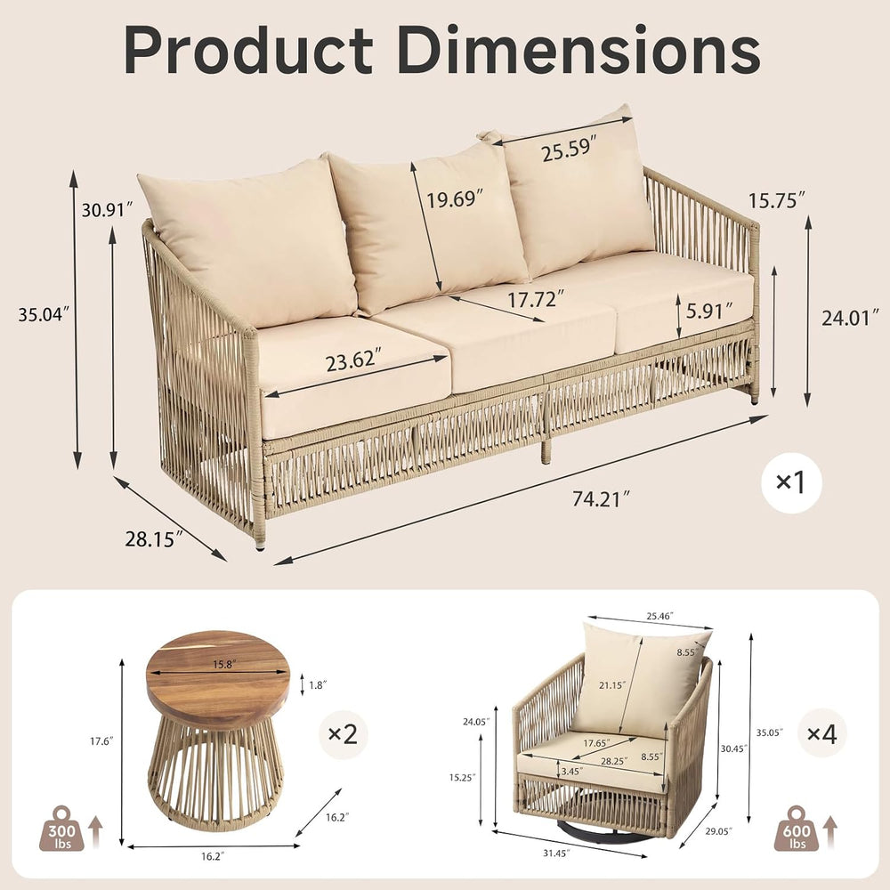 Pia Ricco 7 Pieces Patio Furniture Set, PE Wicker Rope Outdoor Sofa with Swiv...