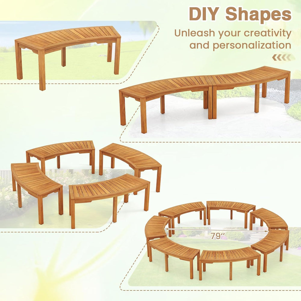 Moccha Outdoor Curved Bench, Acacia Wood Fire Pit Bench w/Slatted Seat, Loves...