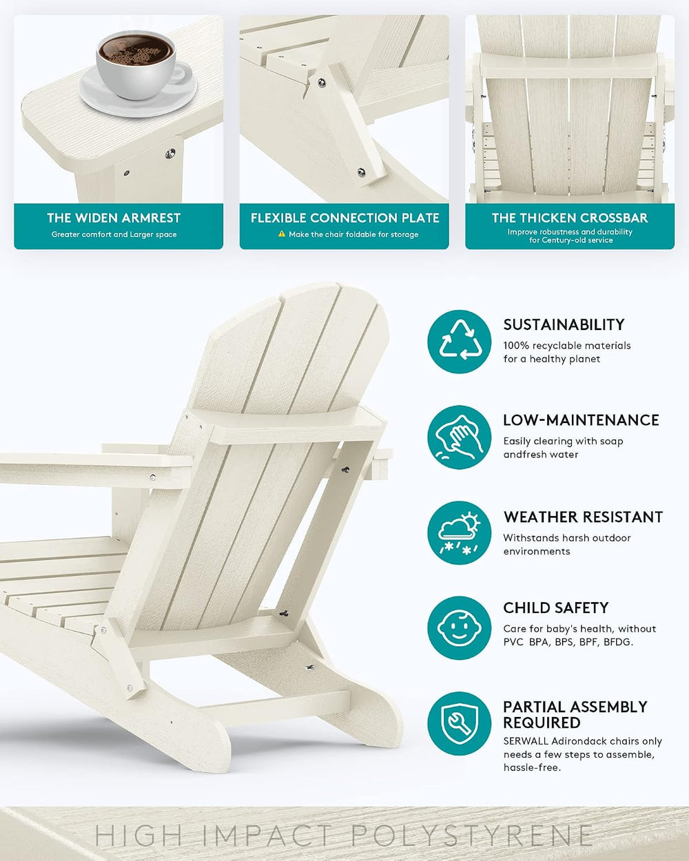 SERWALL Folding Adirondack Chair Set of 4 with Cup Holder for Outdoor-White
