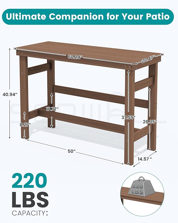 SERWALL 41" Outdoor Bar Table, All Weather HDPE Patio Bar Counter Height...