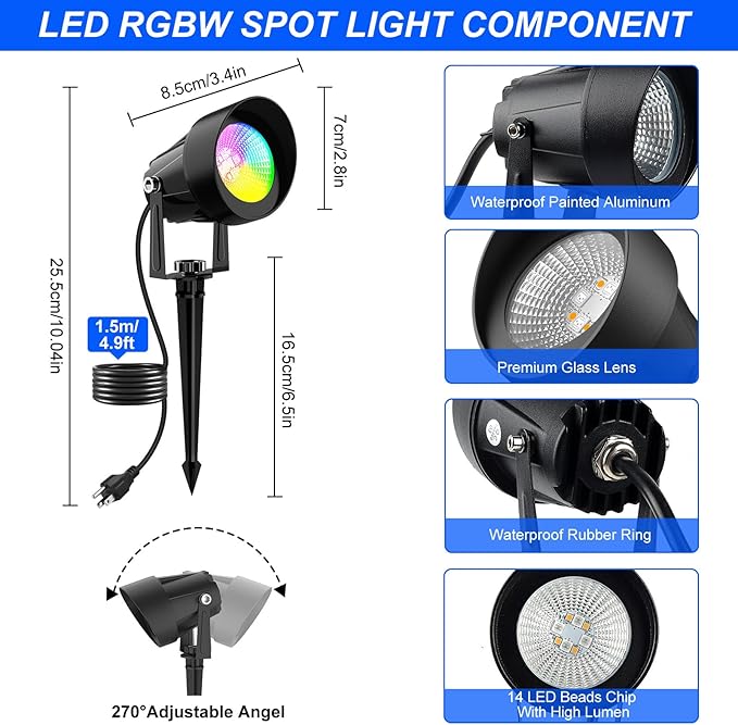 RGB Color Changing Spotlights Outdoor, LED Landscape Lighting with Remote/APP...