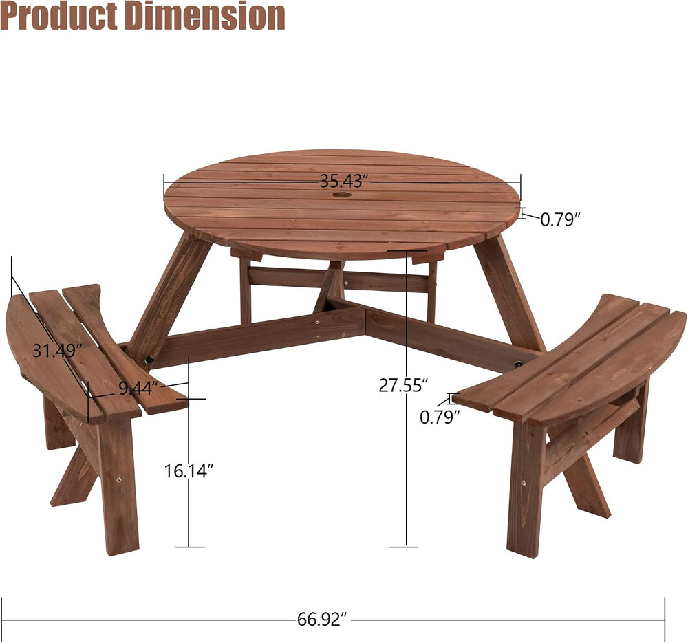 6 Person Wood Picnic Table, Outdoor Round Picnic Table with 3 Built-in Benche...