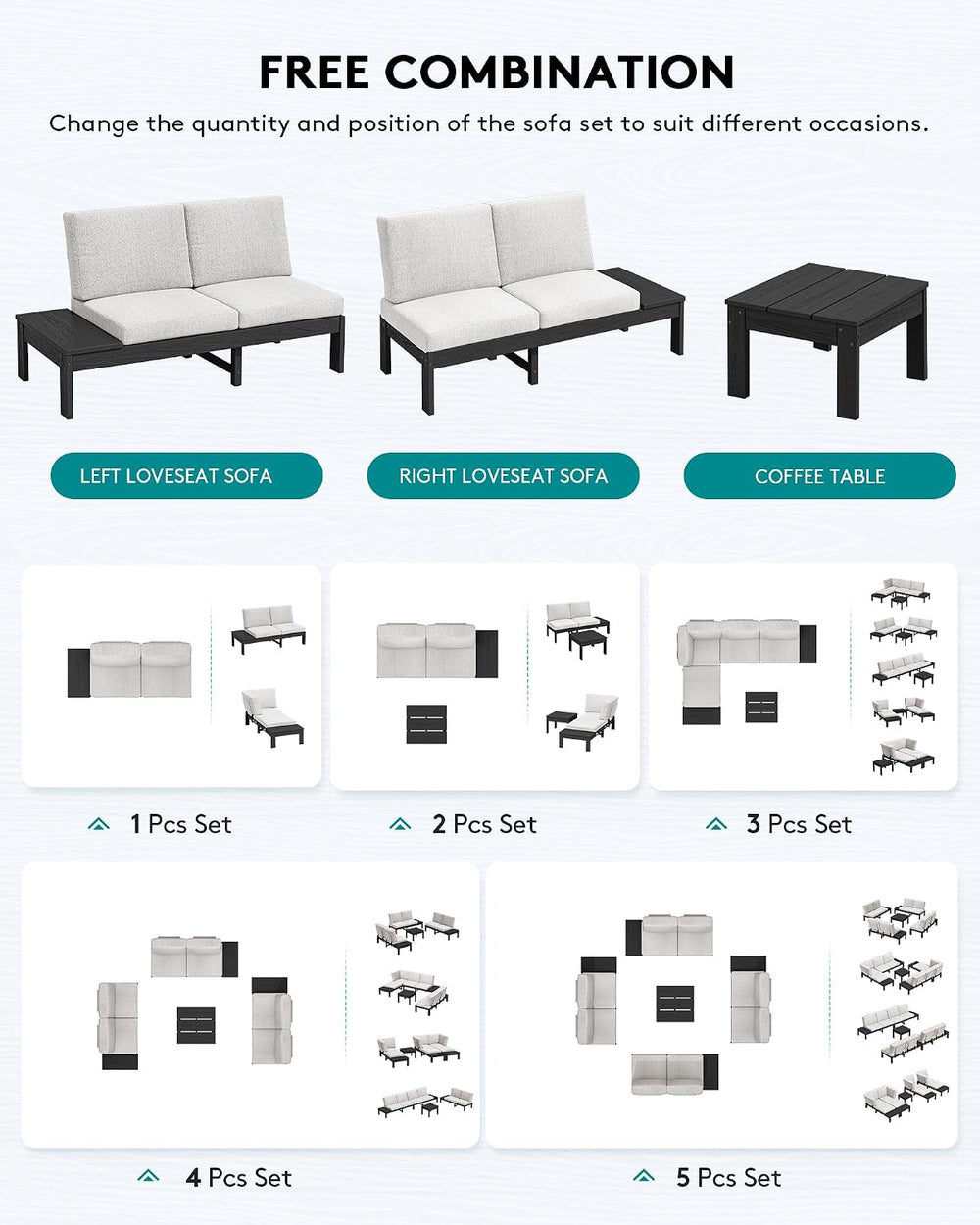 SERWALL HDPE Outdoor Furniture Set, 4 Seats Outdoor Sectional with Coffee Tab...