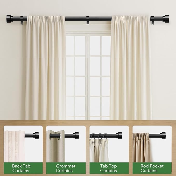 2 Pack Black Curtain Rods for Windows 48 to 84, 1 Inch Adjustable Heavy Duty ...